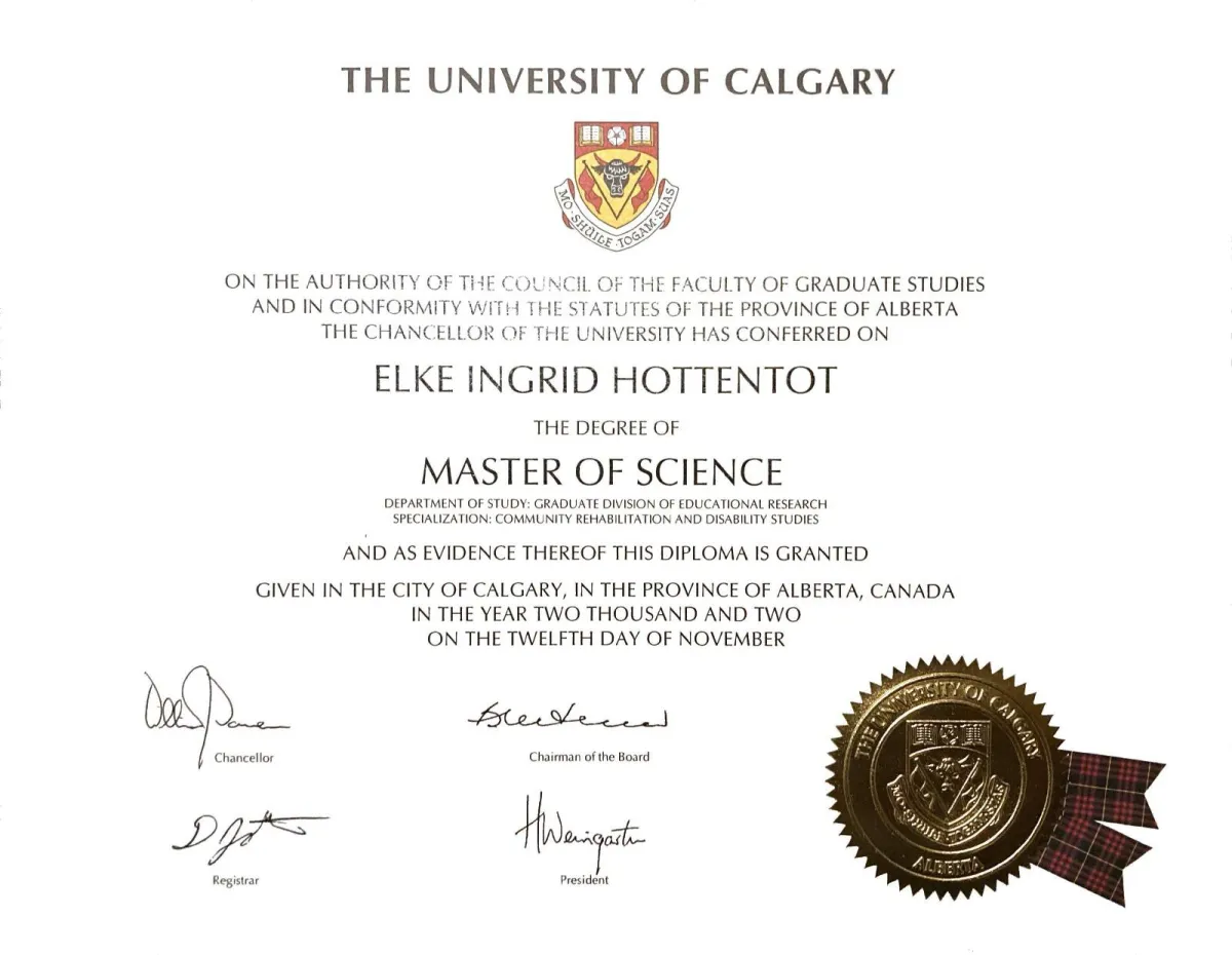 Image d'un diplôme de maîtrise en sciences de l'université de Calgary montrant le nom d'Elke Hottentot et l'endroit où elle a obtenu son diplôme