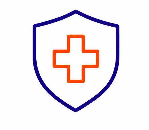 Line art icon of a shield containing a medical cross.