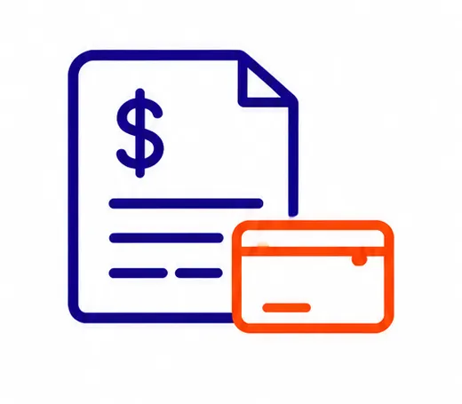 Line art icon of a document with a dollar sign and a credit card overlapping it.