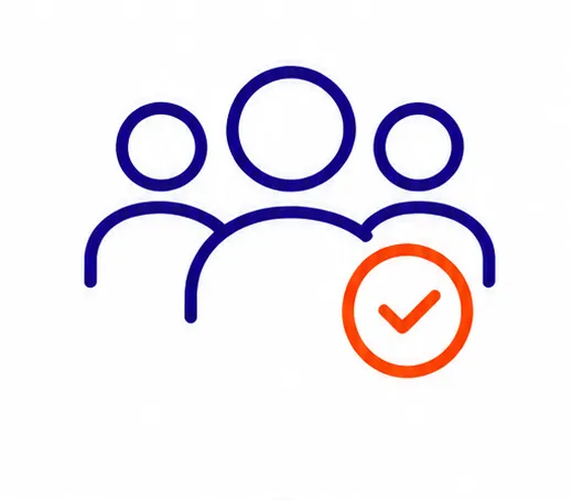 Line art icon of three people forming a team, with a smaller circular icon showing a checkmark inside a shield.