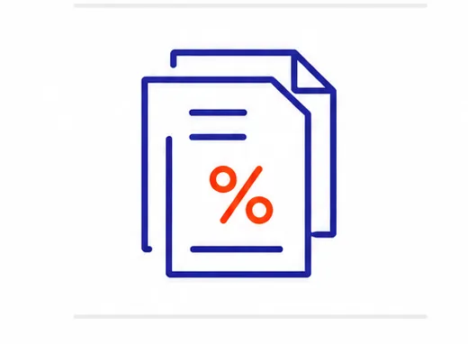 Line art icon of a document with a percentage sign.