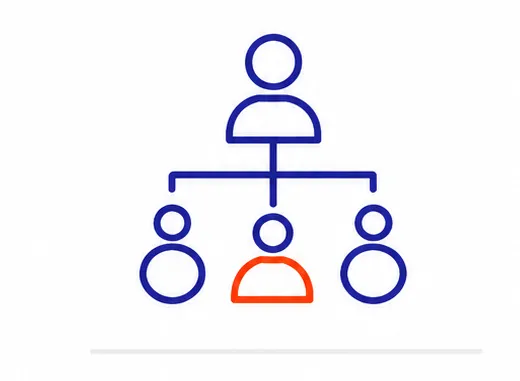 Line art icon of an organizational chart with people figures.