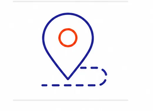 Line art icon of a map pin with a dashed line path.