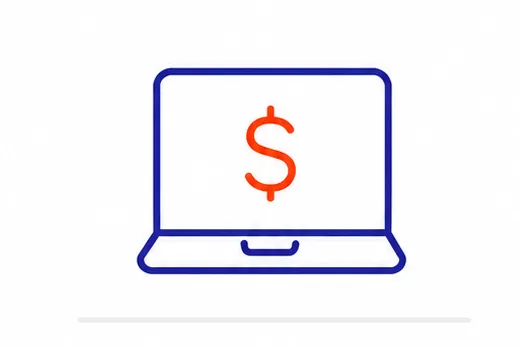 Line art icon of a laptop with a dollar sign on the screen.