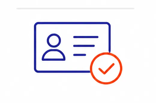 Line art icon of an ID card with a person silhouette and a small checkmark circle.