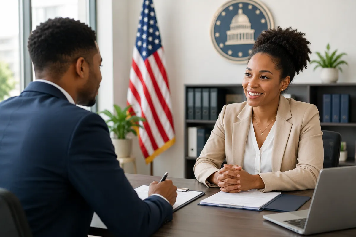 Woman in glasses interviews man at office desk.