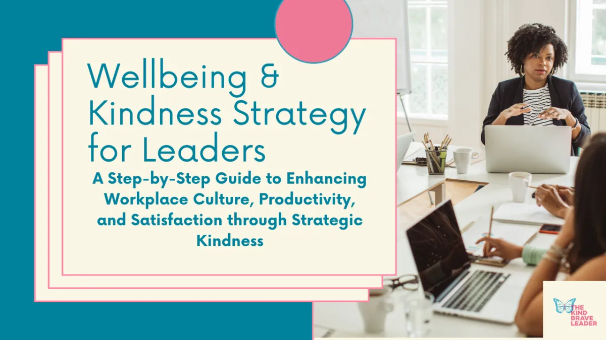 Teal text saying Wellbeing and Kindness Strategy for Leaders: A Step-by-Step Guide to Enhancing Workplace Culture, Productivity, and Satisfaction through Strategic Kindness