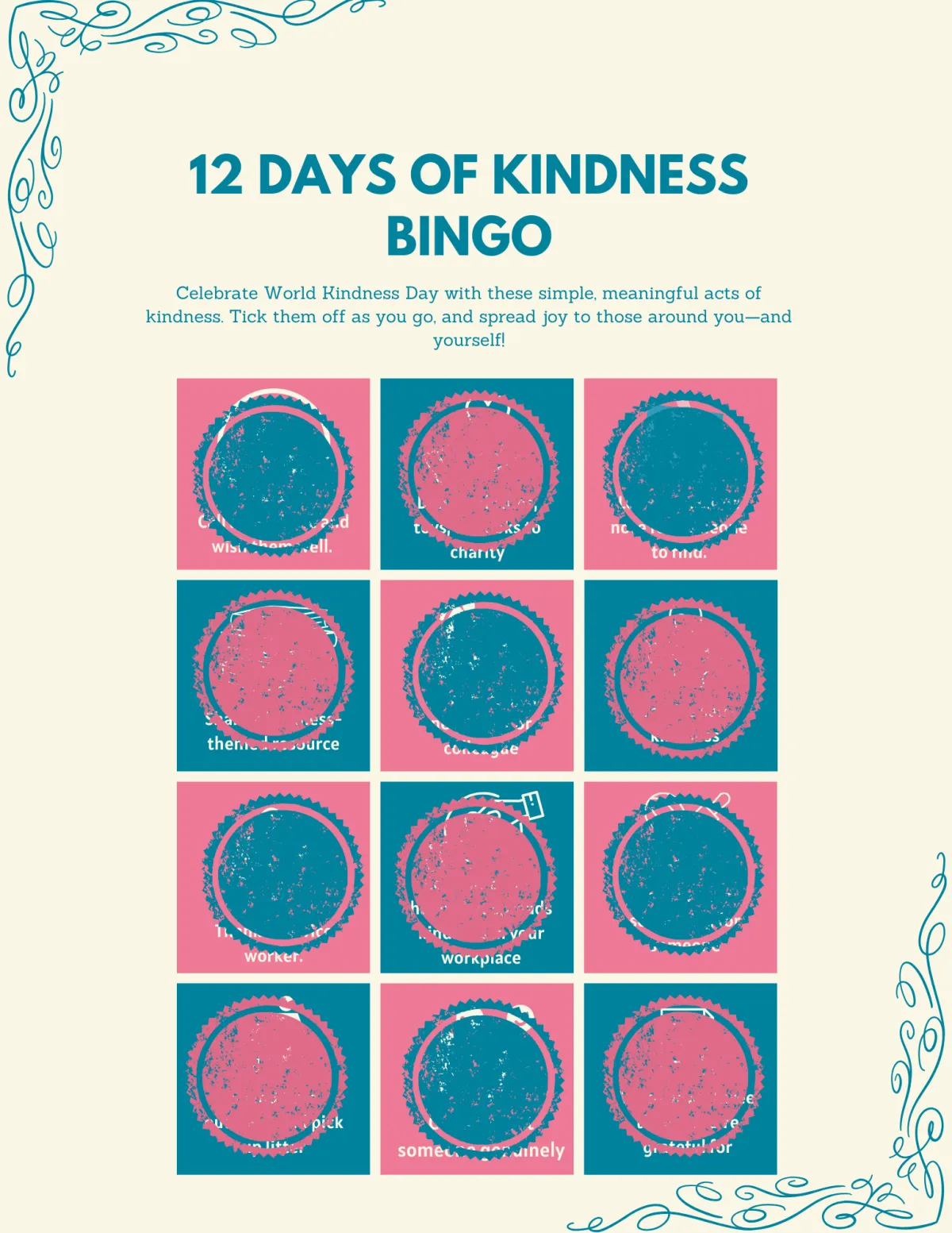 12 Days of Kindness Bingo card with twelve colourful squares suggesting simple acts of kindness such as calling a loved one, donating to charity, sharing a kindness-themed resource, thanking a service worker, and writing down three things you’re grateful for. The design has pink and teal stamps marking progress, with decorative borders and the heading ‘12 Days of Kindness Bingo’.