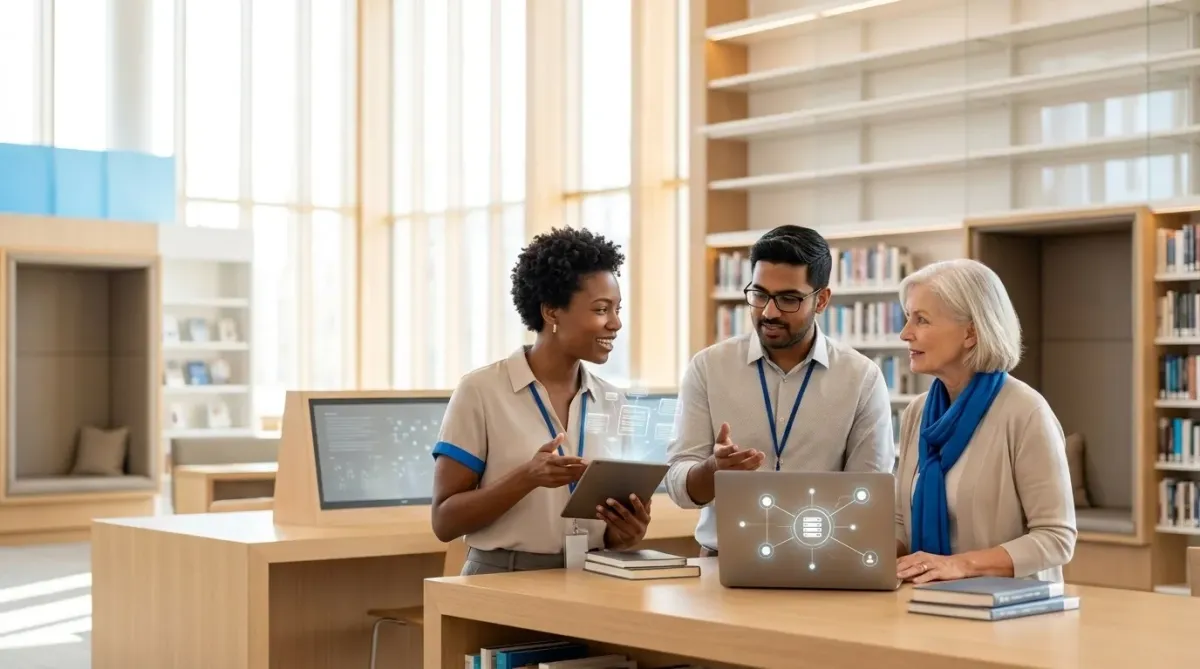 A diverse group of library staff collaborating around a laptop, exploring AI tools in a bright, modern library environment.