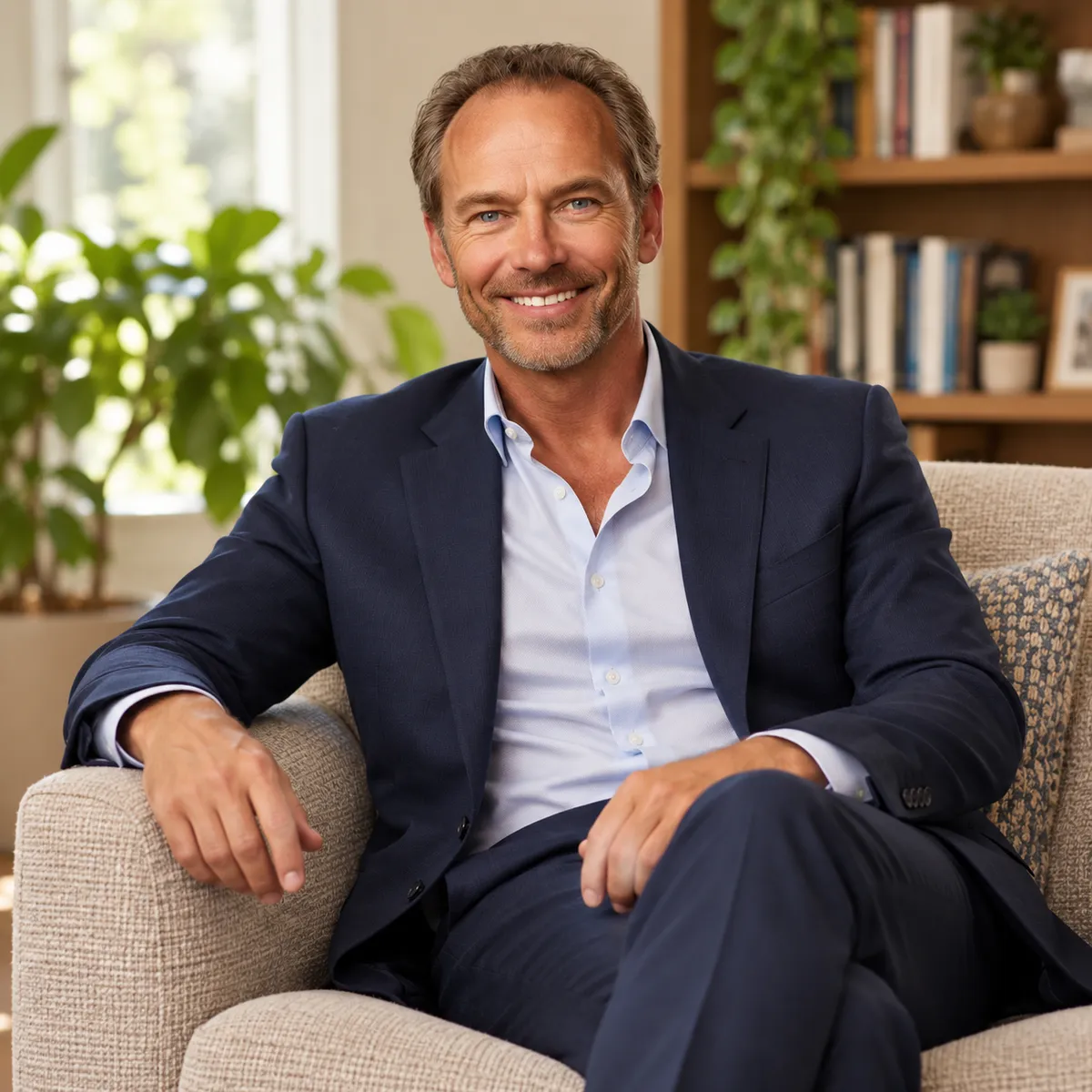 Ethan Crosswell smiling in a dark suit, seated in a warm library setting