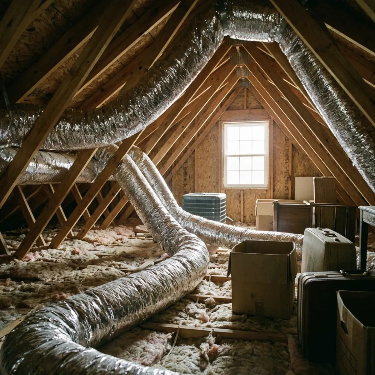HVAC ducts in a residential attic.