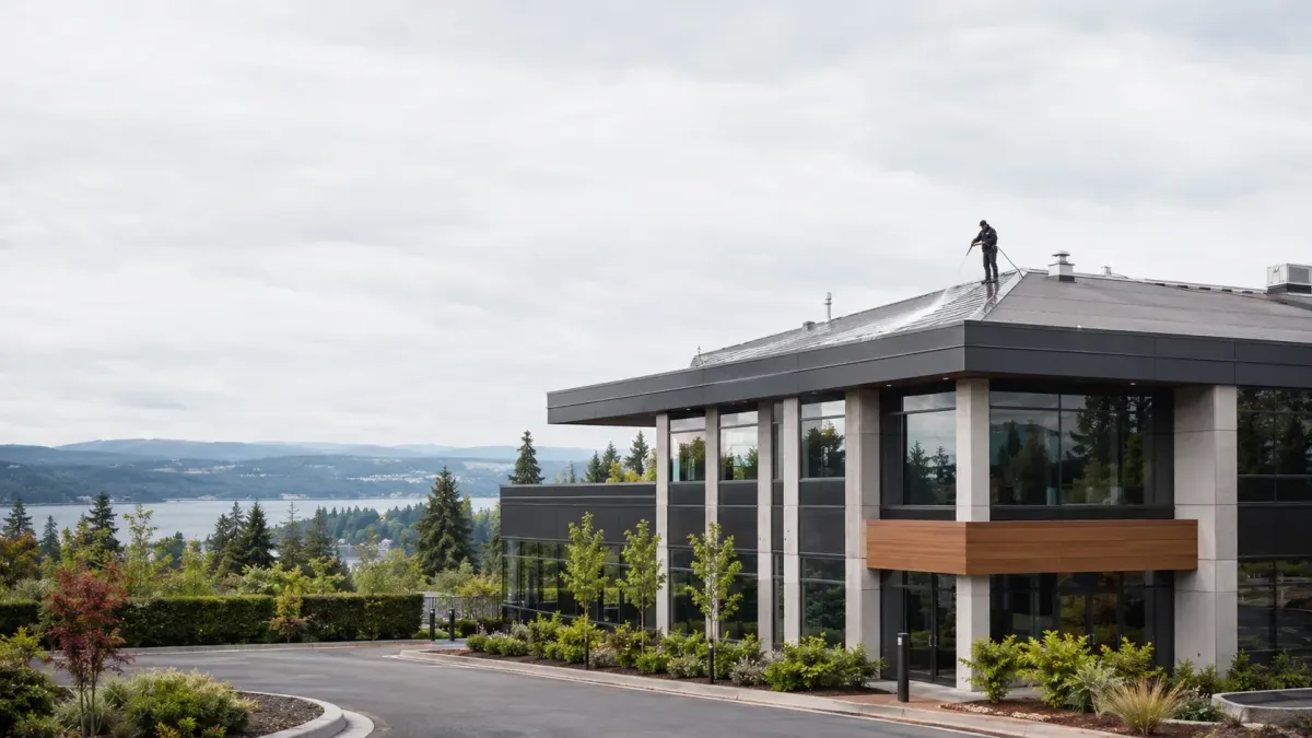 Professional soft washing the roof of a modern commercial building in Shoreline, Washington.