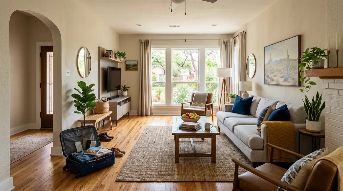 A bright furnished living room with a gray sofa, blue pillows and an open suitcase by the door