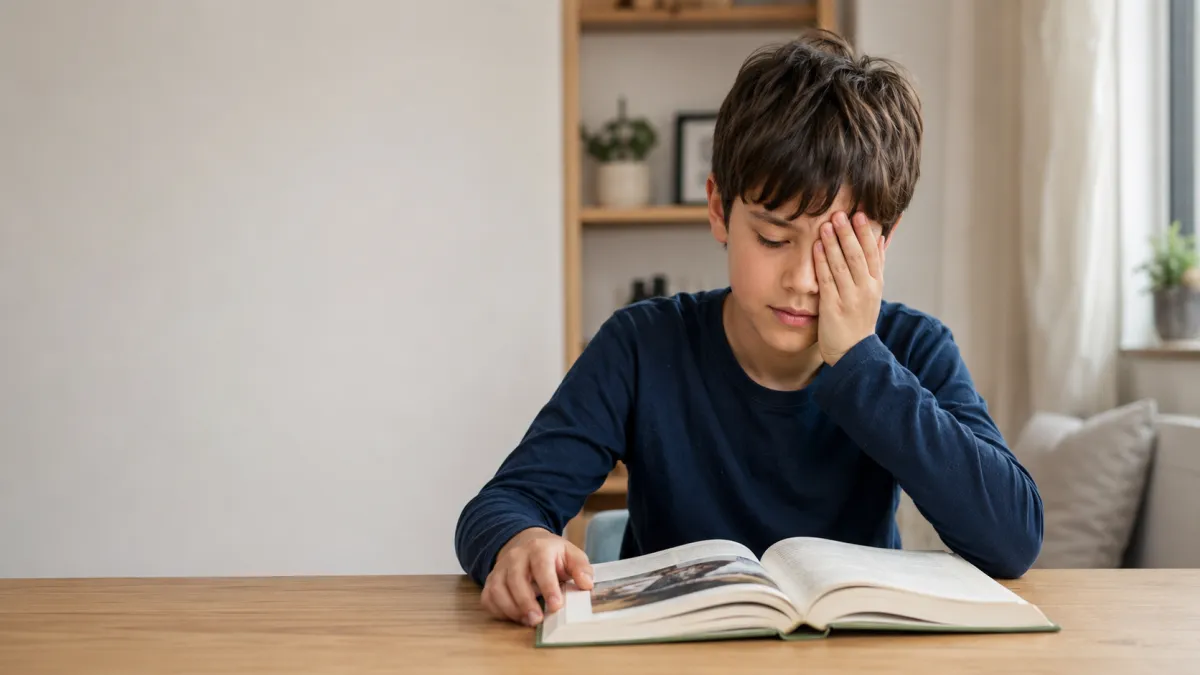 boy trying to read a book but is having to close one eye to make it easier to read
