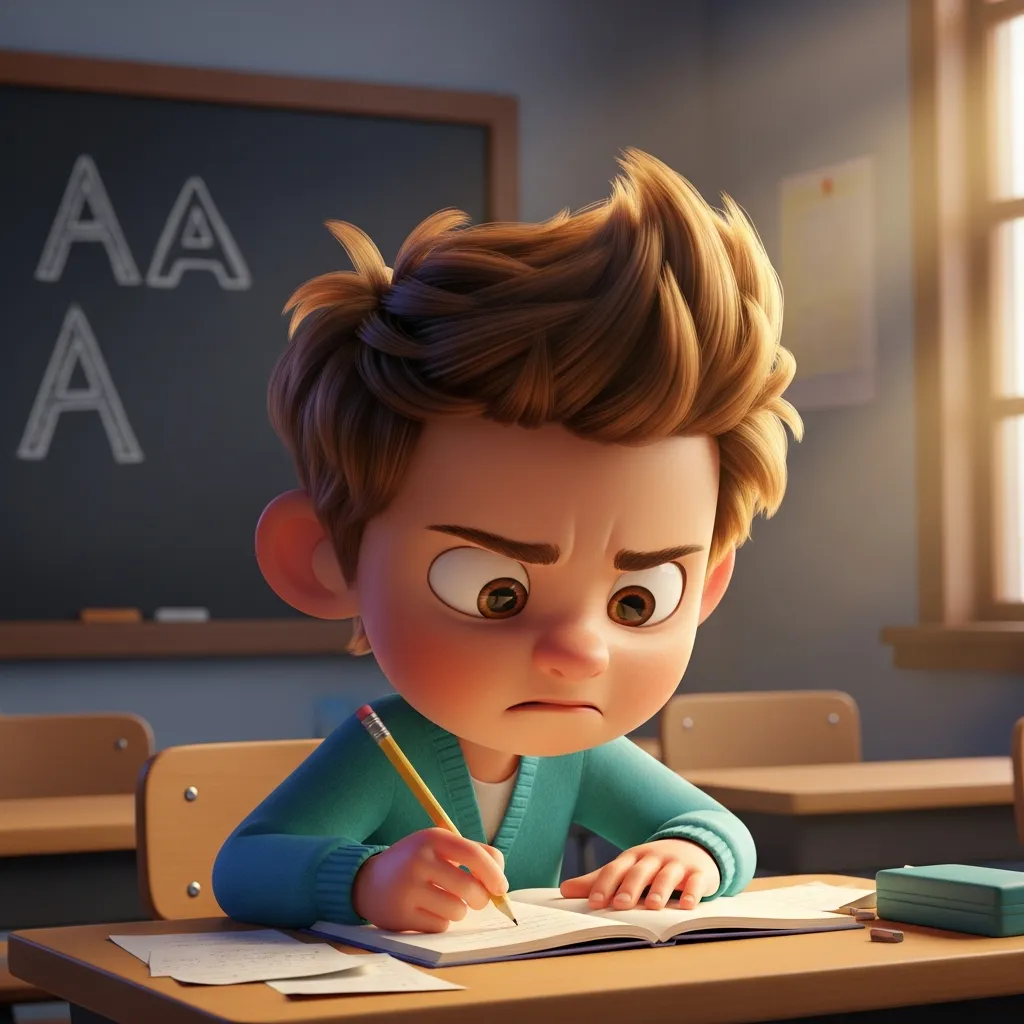 Child struggling to copy letters from a chalkboard