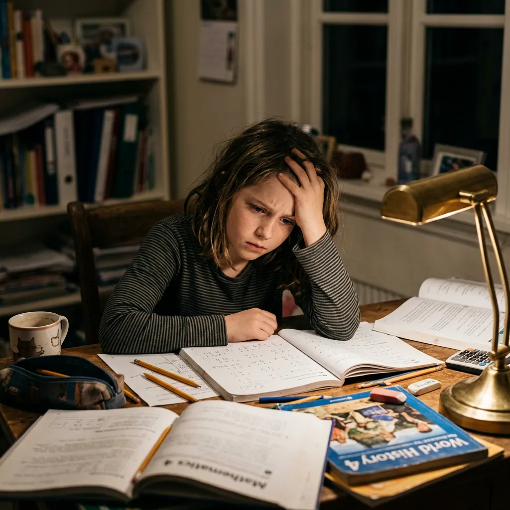 4th grade girl trying to do her homework but is struck with a headache.