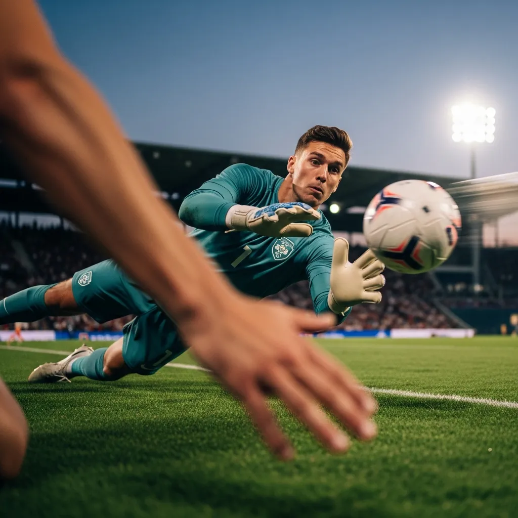 Male soccer goal keeper narrowly missing the ball