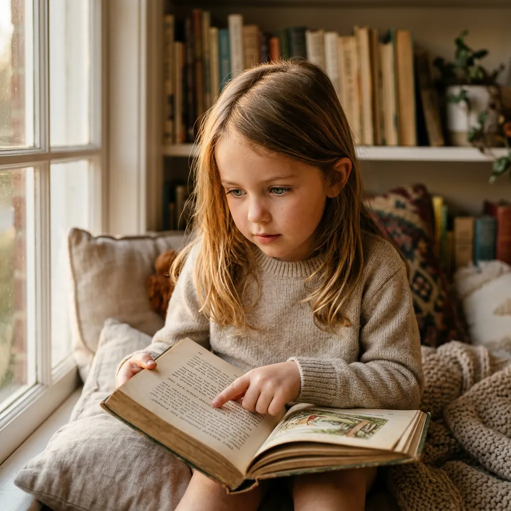 young girl trying to read but having to use her finger to keep her place