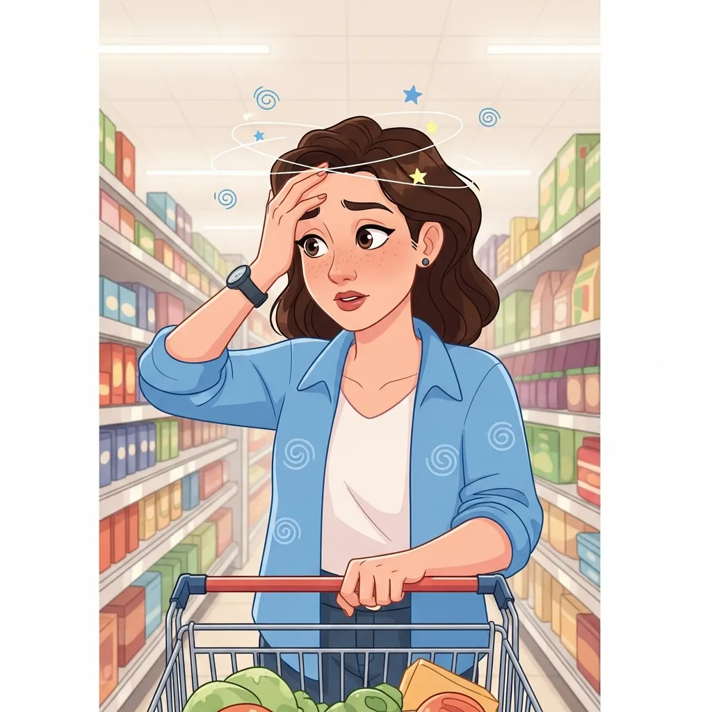Adult female dizzy in grocery store due to overcrowded shelves and fluorescent lighting