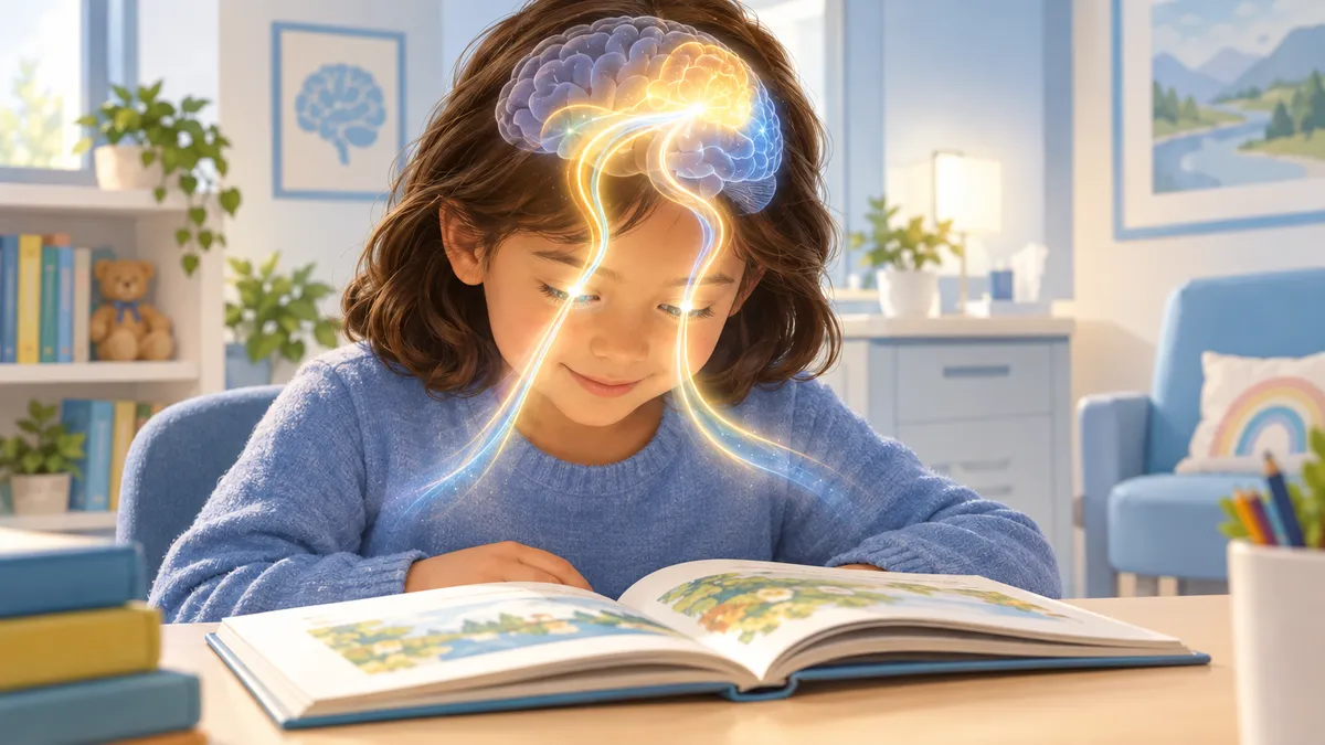 Child reading a book with glowing visual pathways connecting eyes to brain, illustrating the brain-eye connection