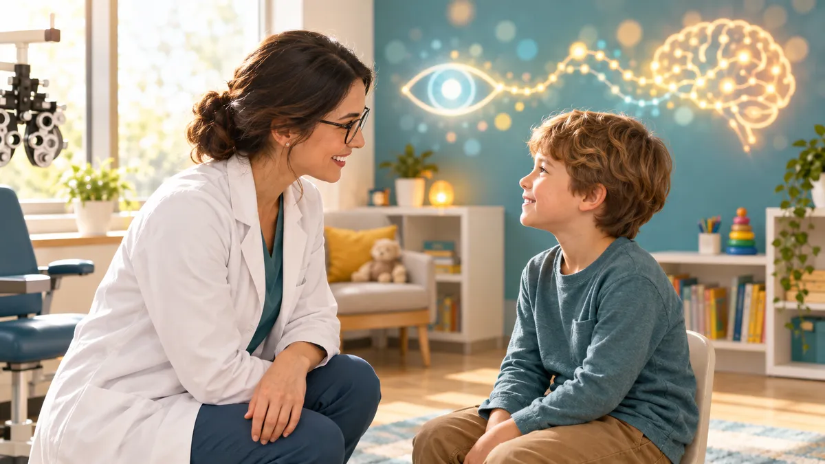 A pediatric optometrist kneeling with a child in a bright clinic, symbolizing the brain-eye connection in children's vision care.