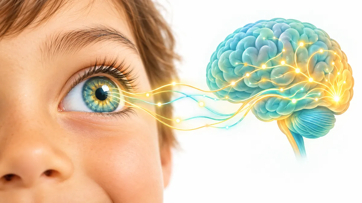 Illustration of a child's eye with glowing neural connections representing the brain-eye connection