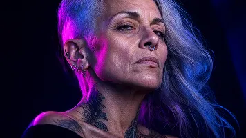 Woman with purple hair looking sideways