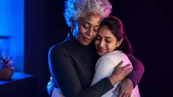 Women hugging with blue lighting