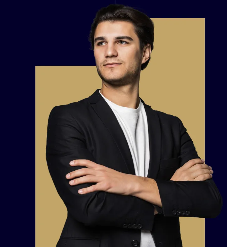 Man with crossed arms over yellow accent