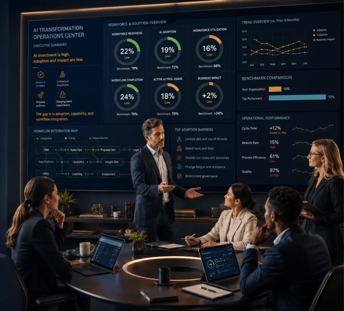 Executive AI workforce readiness briefing showing leaders reviewing AI adoption, utilization, and business impact metrics.