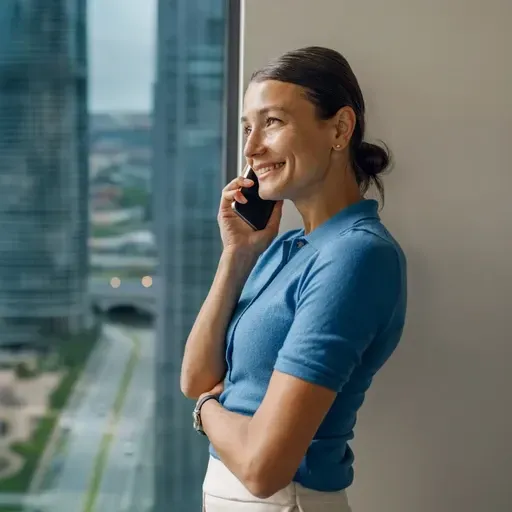 Woman on phone smiling and looking up