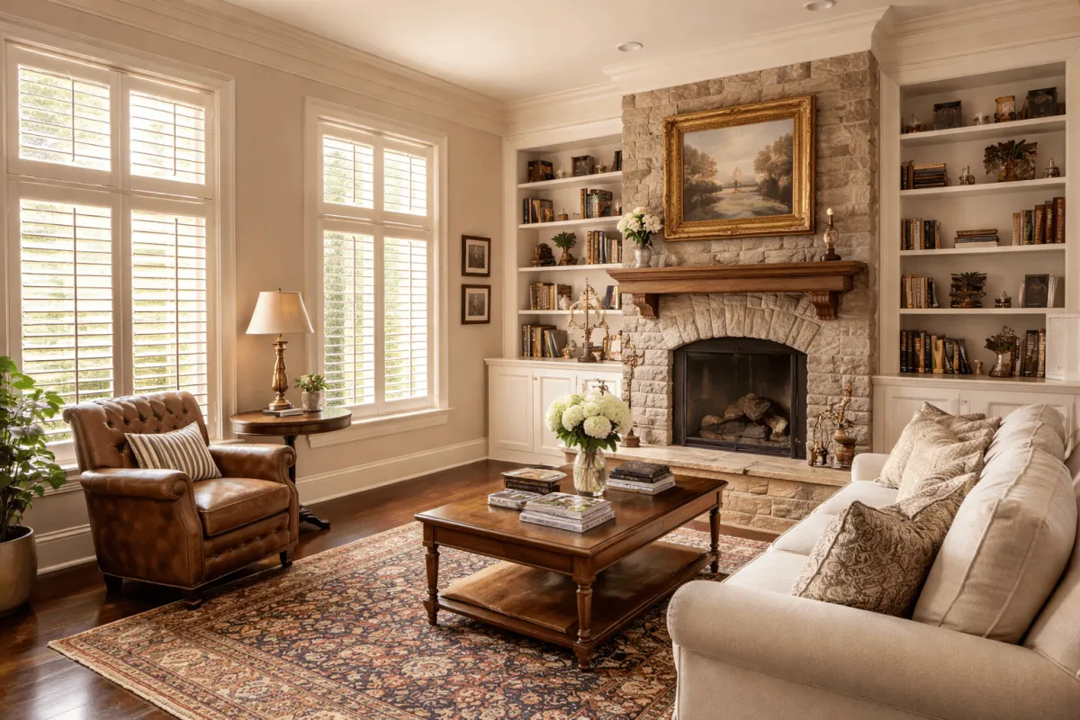 Traditional brick home with custom louvered exterior shutters