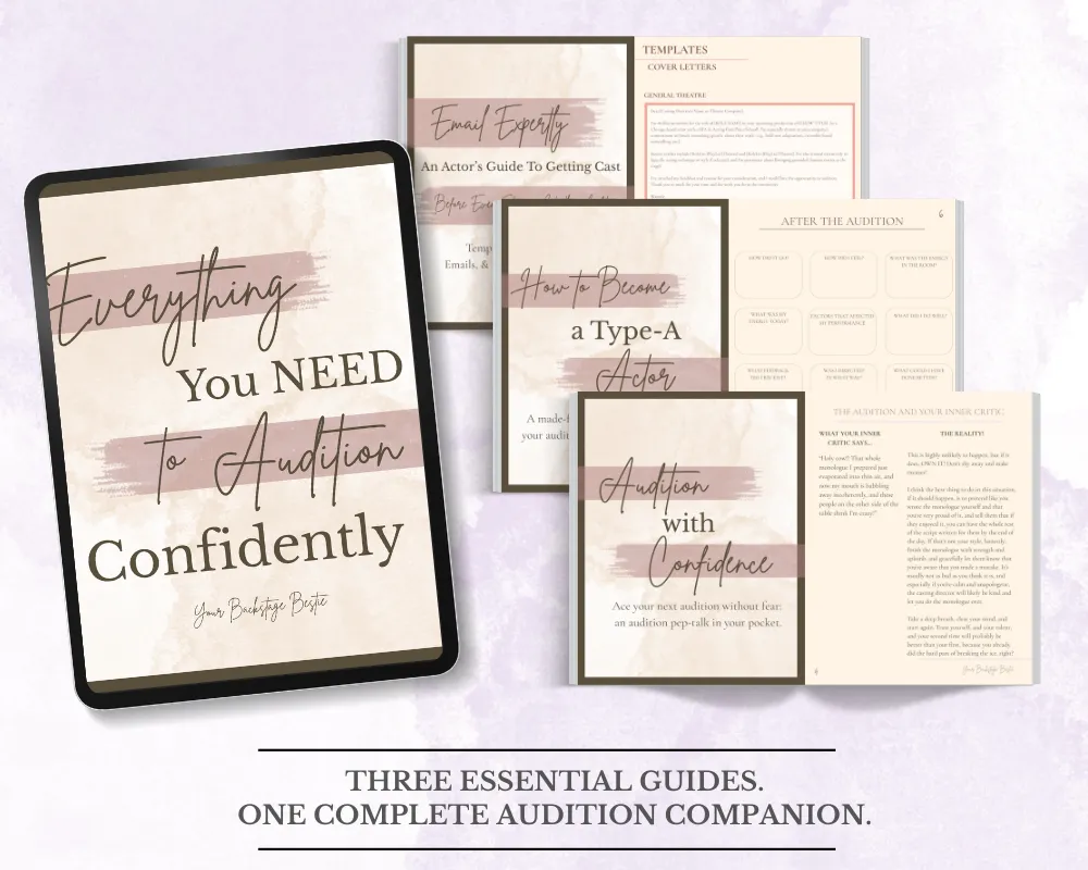 Cover and page preview of Everything You Need to Audition with Confidence, including section titles: Audition with Confidence, How to Become a Type-A Actor, and Email Expertly