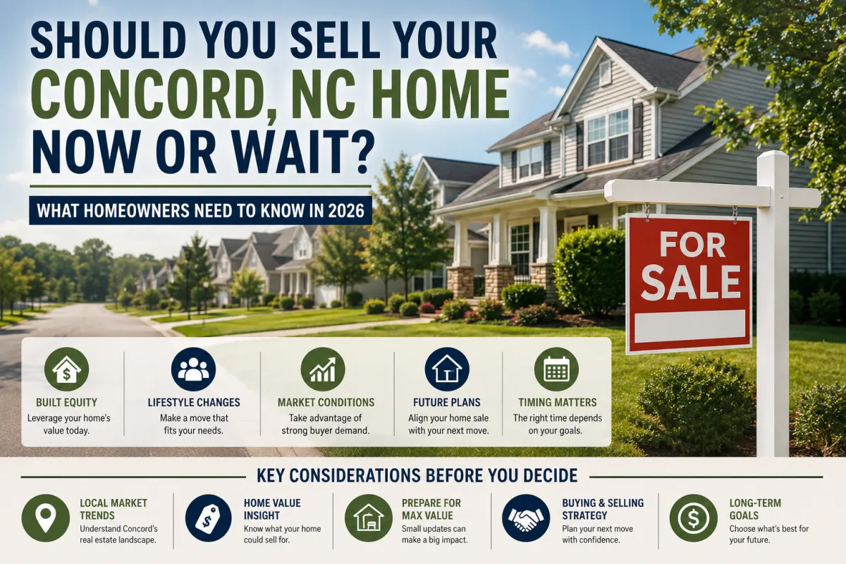 Residential neighborhood in Concord, NC featuring homes for sale and highlighting factors homeowners should consider before selling in 2026.