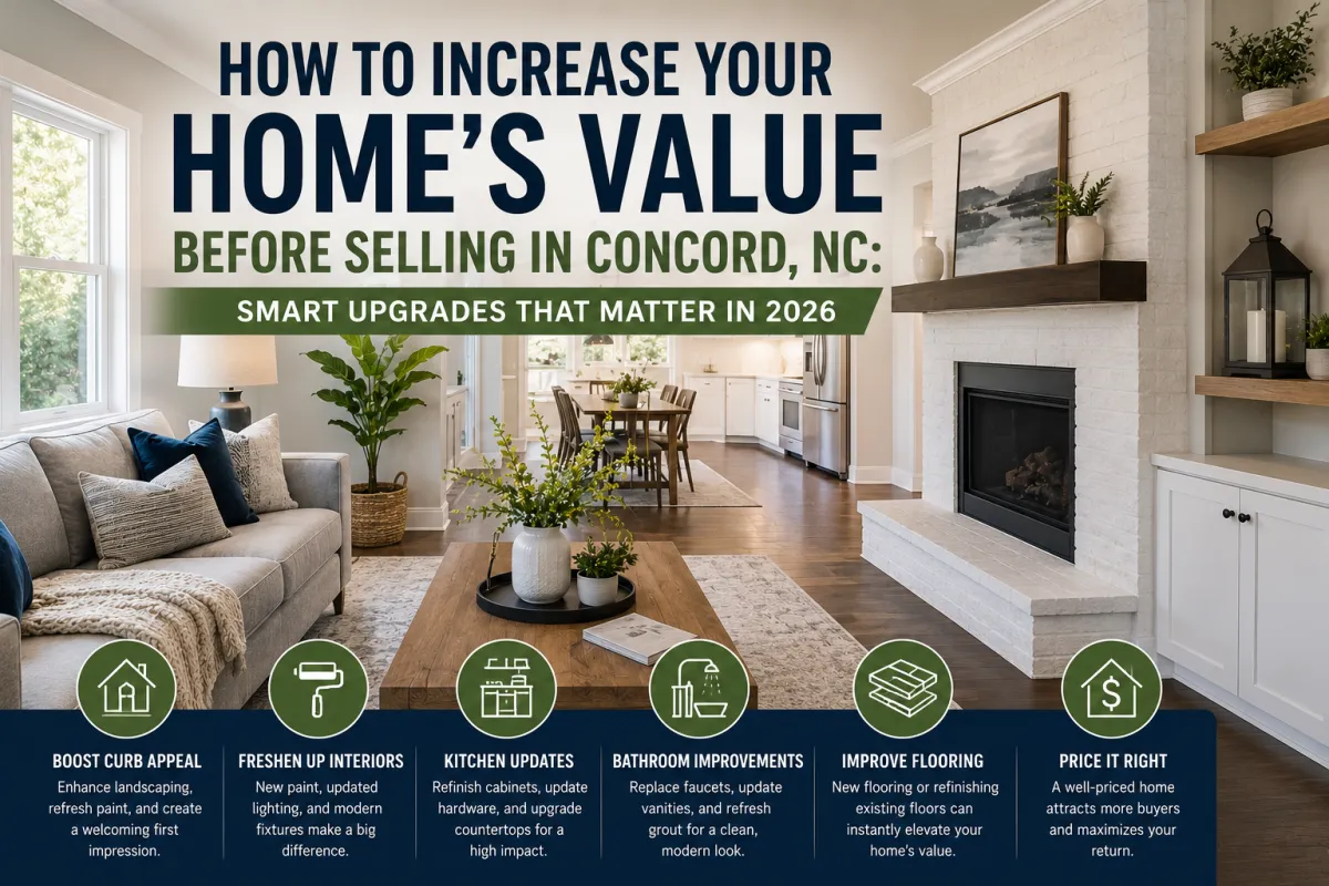 How to increase your home's value before selling in Concord, NC with smart home upgrades, curb appeal improvements, and home selling strategies.