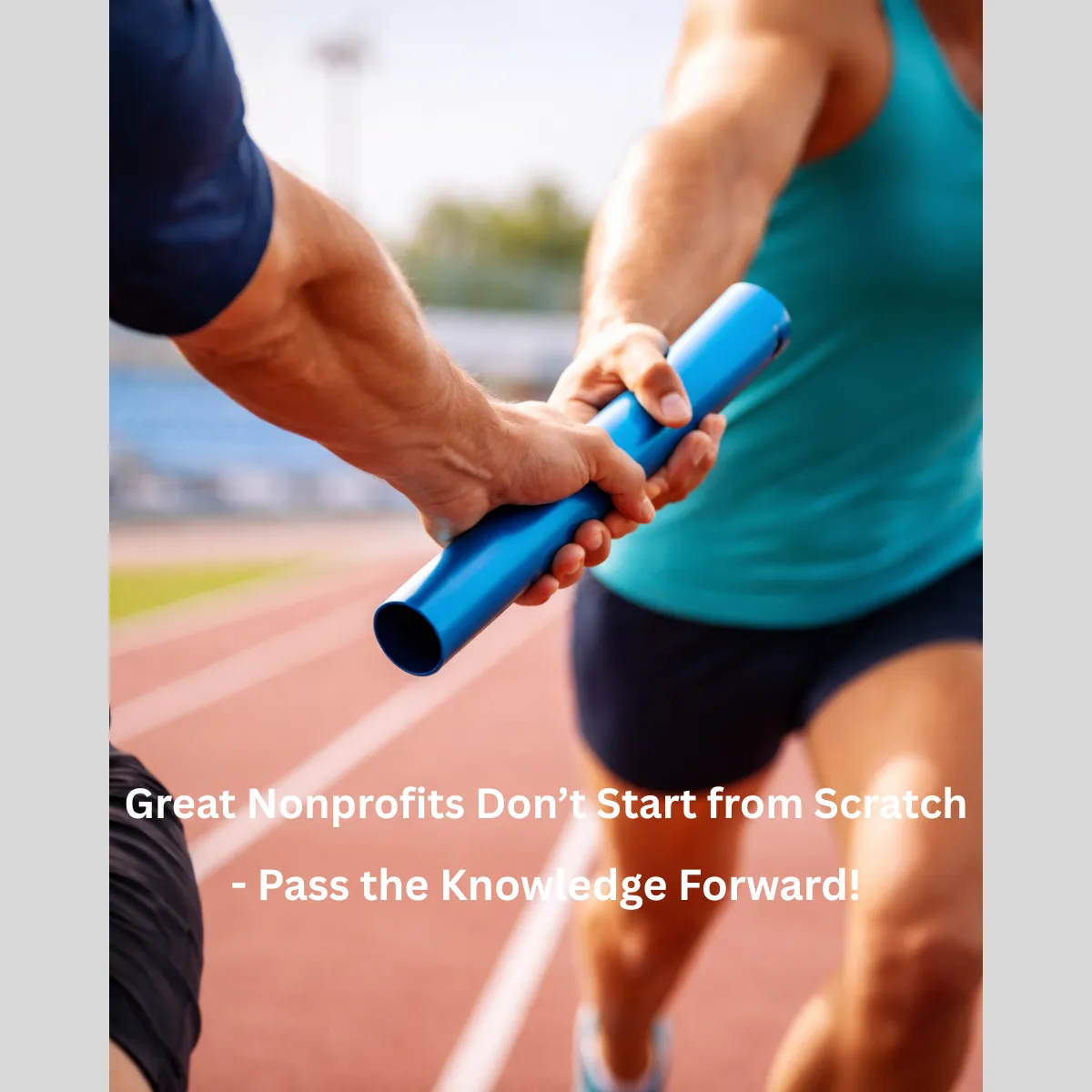 A relay race runner passing a baton to the next runner, symbolizing leadership transition and the transfer of knowledge between nonprofit board members.