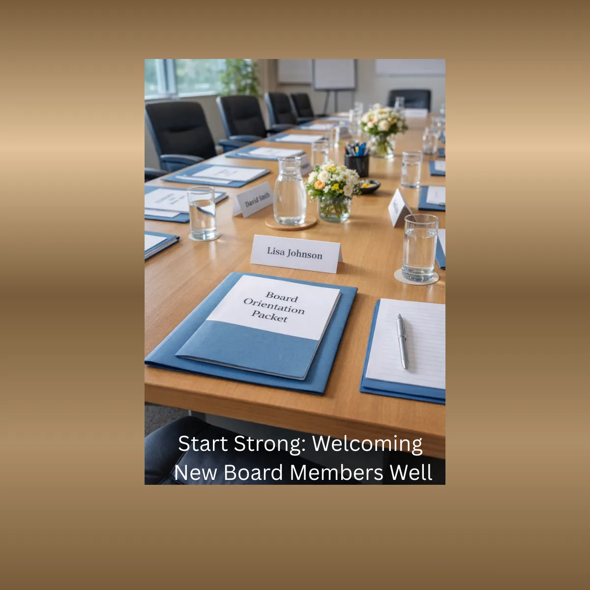 Folders and printed materials arranged around a meeting table, representing a nonprofit board orientation packet for new members.