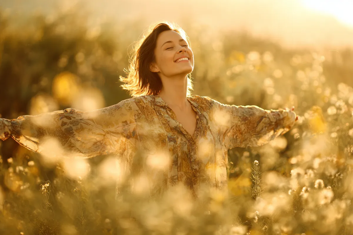 Woman joyfully embracing freedom and new life outdoors.