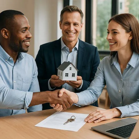 Homeowners shaking hands with a property advisor after accepting a fast cash offer from Double Advantage Business Services