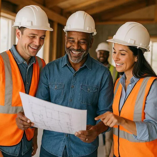 Construction team reviewing home renovation plans on site during a residential rehabilitation project with Double Advantage Business Services