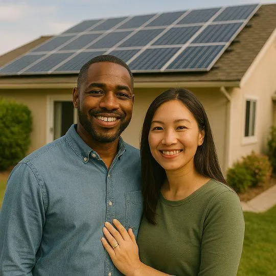 Smiling couple standing in front of their home equipped with new solar panels installed through Double Advantage Business Services