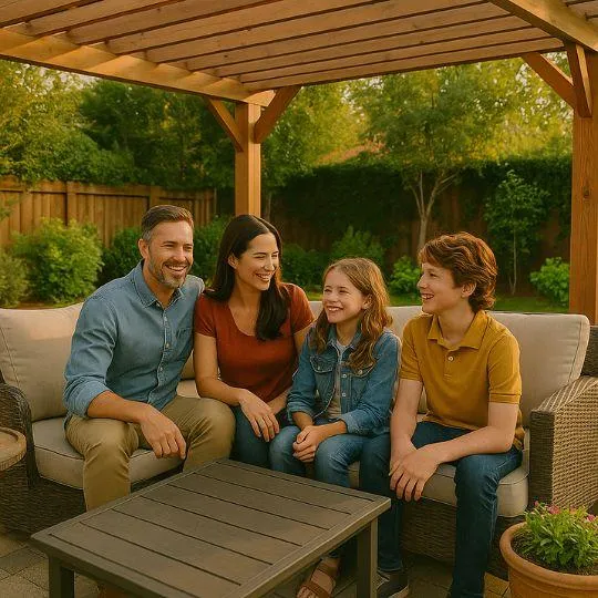 Family enjoying a remodeled backyard patio space designed by the outdoor renovation team at Double Advantage Business Services