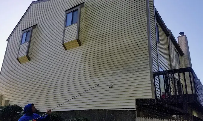 Soft house washing of vinyl siding by Thin Red Line Pressure Washing in Clifton Park, NY.