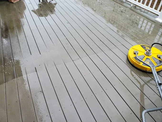 Pressure washing and surface cleaning of a deck by Thin Red Line Pressure Washing in Clifton Park, NY.