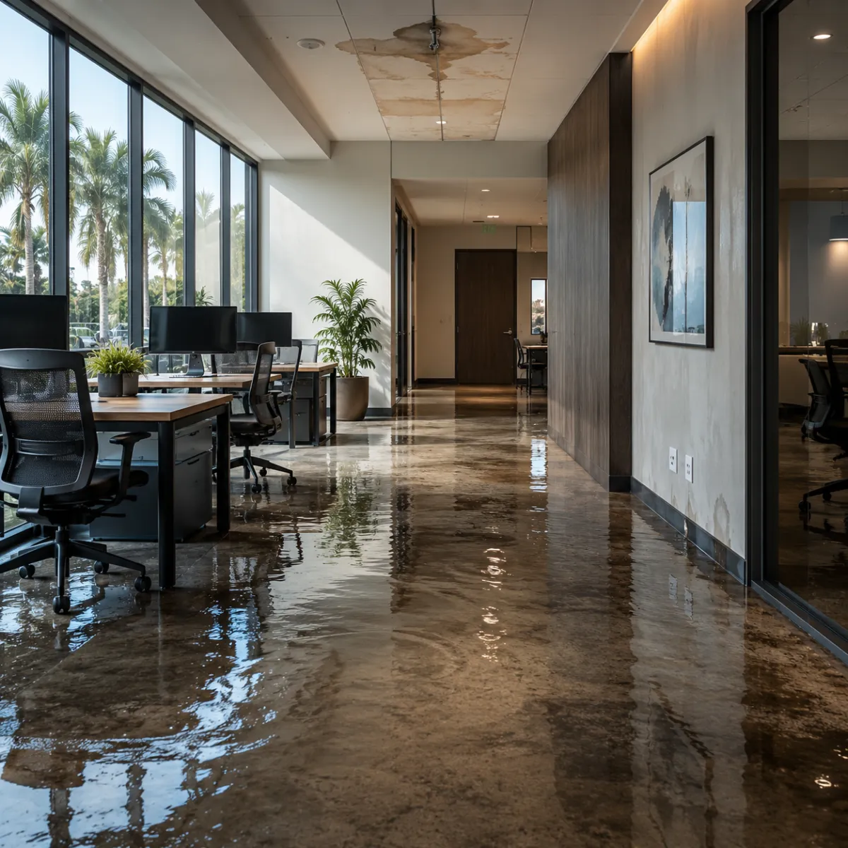Water damage in a Doral commercial office requiring Water Damage 360 matched restoration