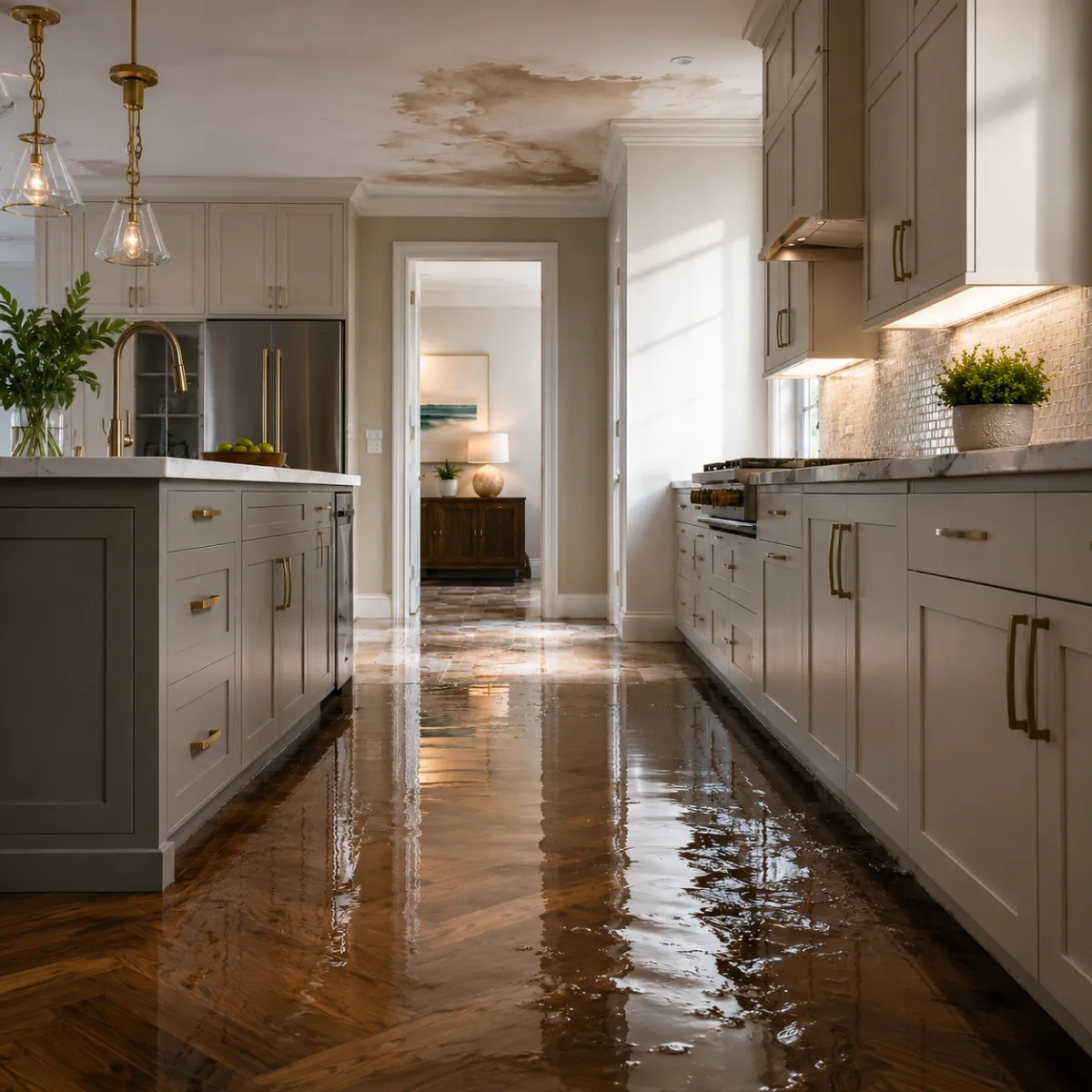 Water damage in a Coral Springs residential kitchen requiring Water Damage 360 matched restoration