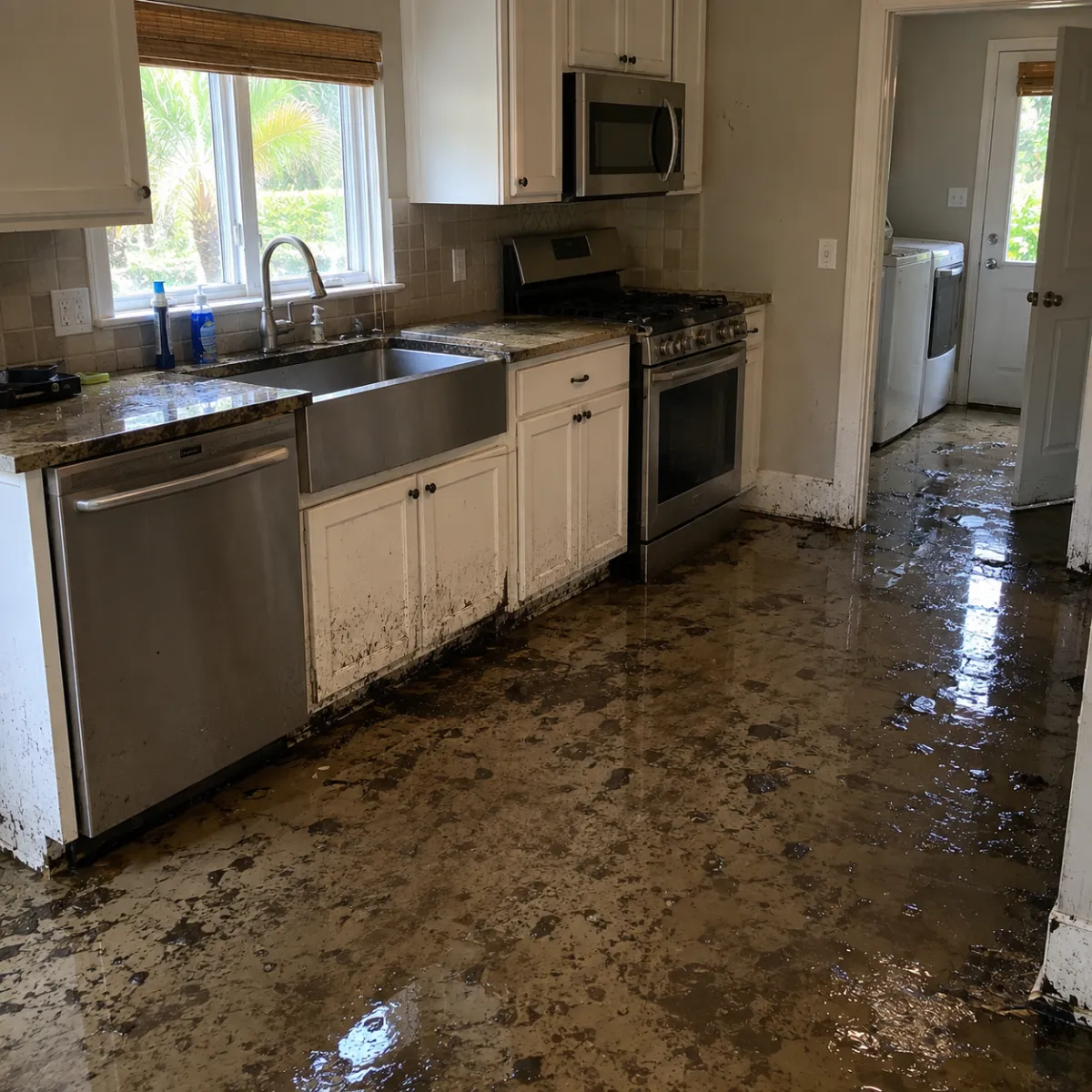 Plantation home sewage backup cleanup in residential kitchen by Water Damage 360