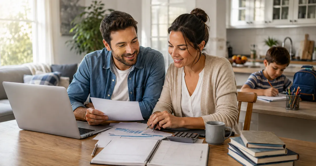 Young family reviewing finances at home during back-to-school season.