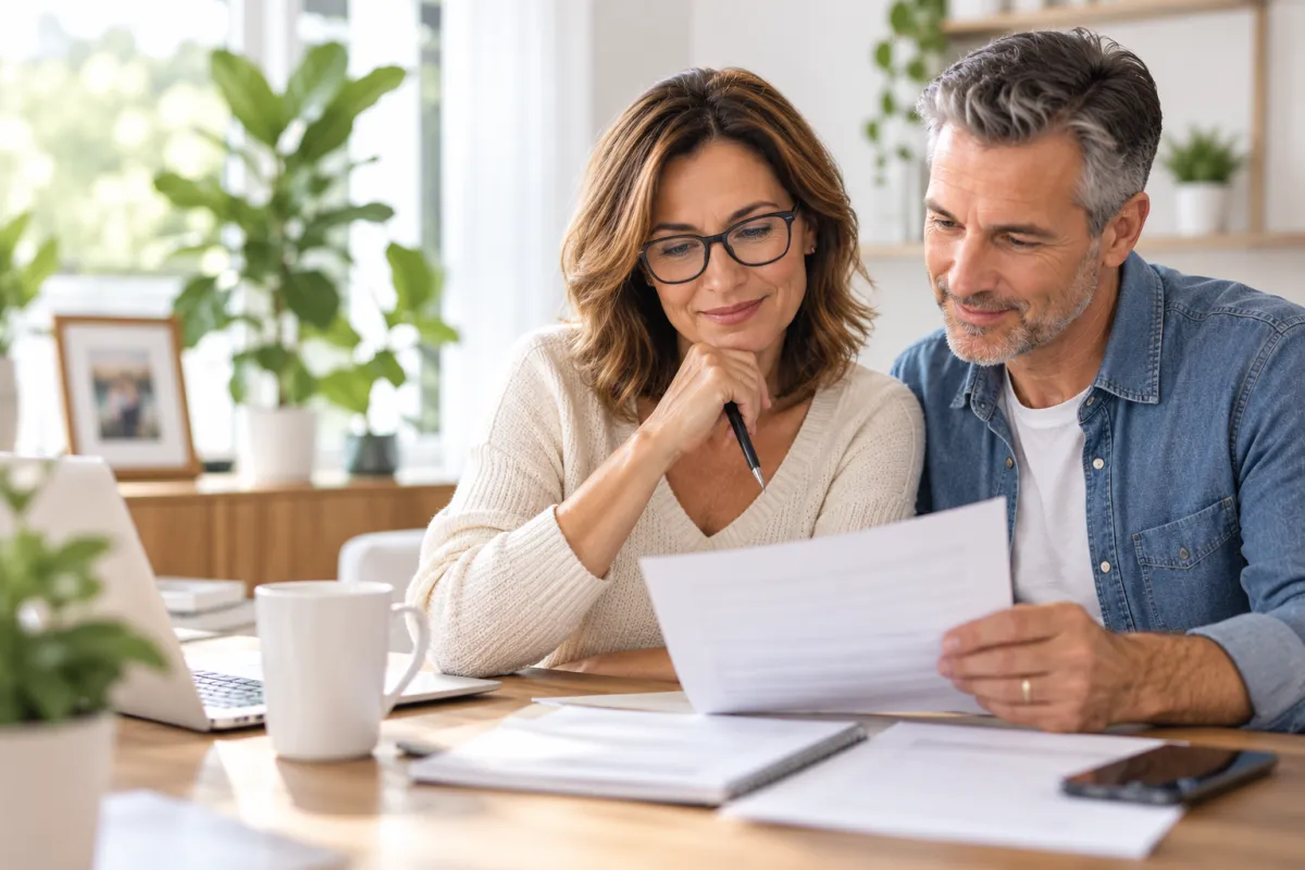 Couple in their 50s reviewing life insurance and retirement documents together at home.