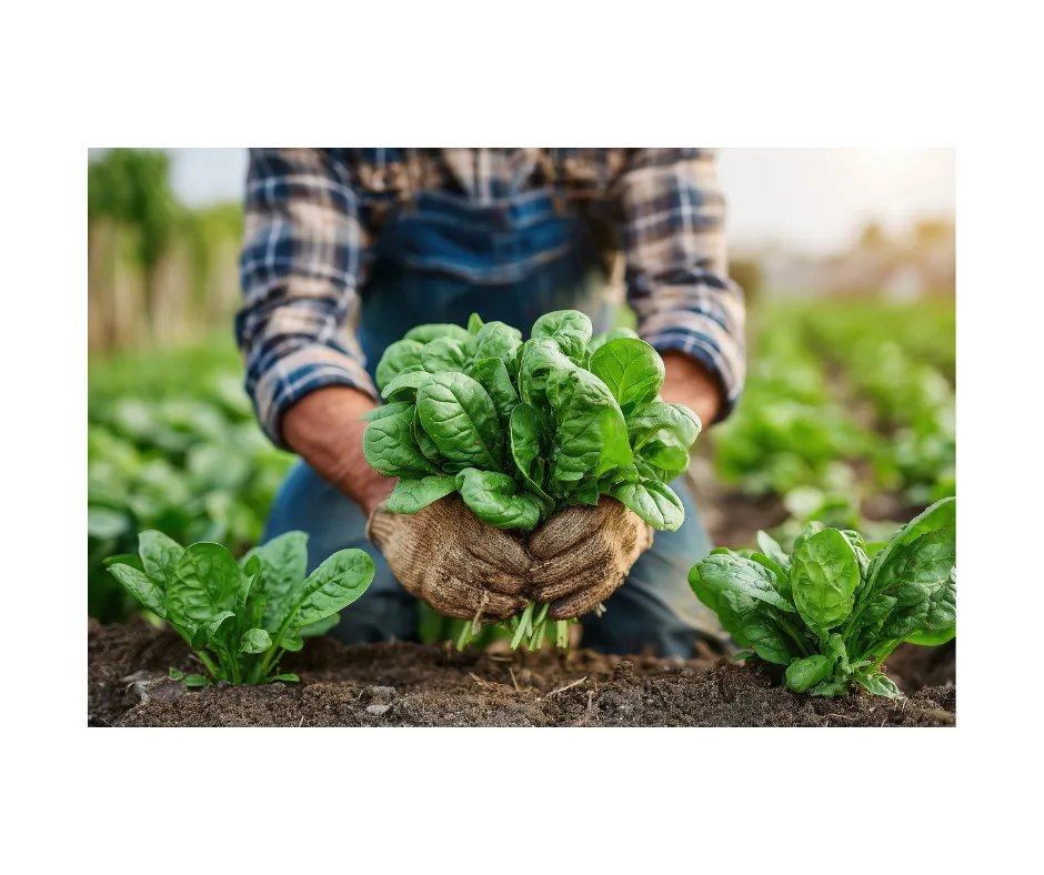 farmer plucking vegetables, greens